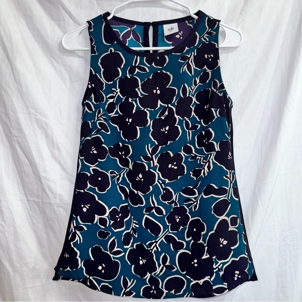 Cabi #3087 Warhol Teal & Purple Floral Print Sleeveless Tank Blouse Top size XS